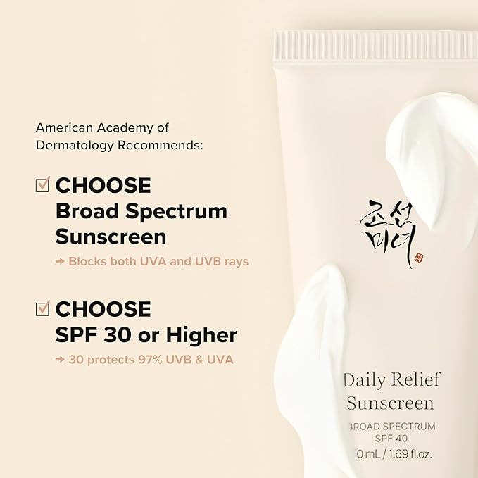 Beauty of Joseon Sunscreen product with text about choosing broad spectrum sunscreen and SPF 30 or higher