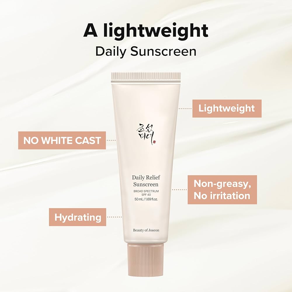 Tube of daily relief sunscreen with text highlighting features on a light background