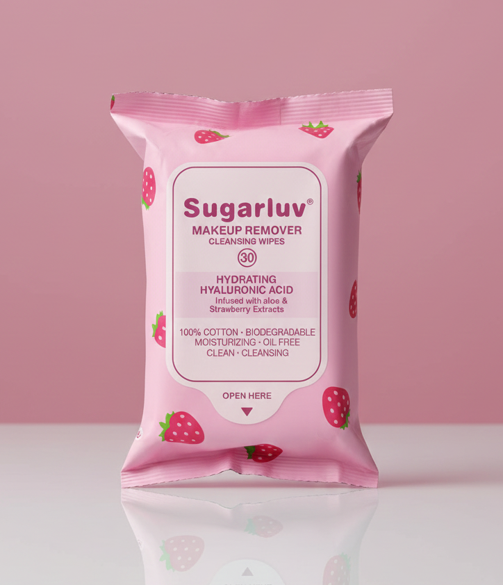 SugarLuv Hyaluronic Acid Makeup Removing Wipes with strawberry extract 30ct pack