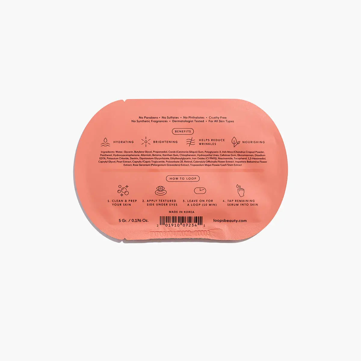LOOPS Korean Hydrogel Eye Mask benefits on white backgroun back of loops package