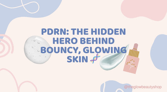 PDRN skincare blog banner with text ‘PDRN: The Hidden Hero Behind Bouncy, Glowing Skin’ featuring serum bottle, gel texture, and DNA icon 