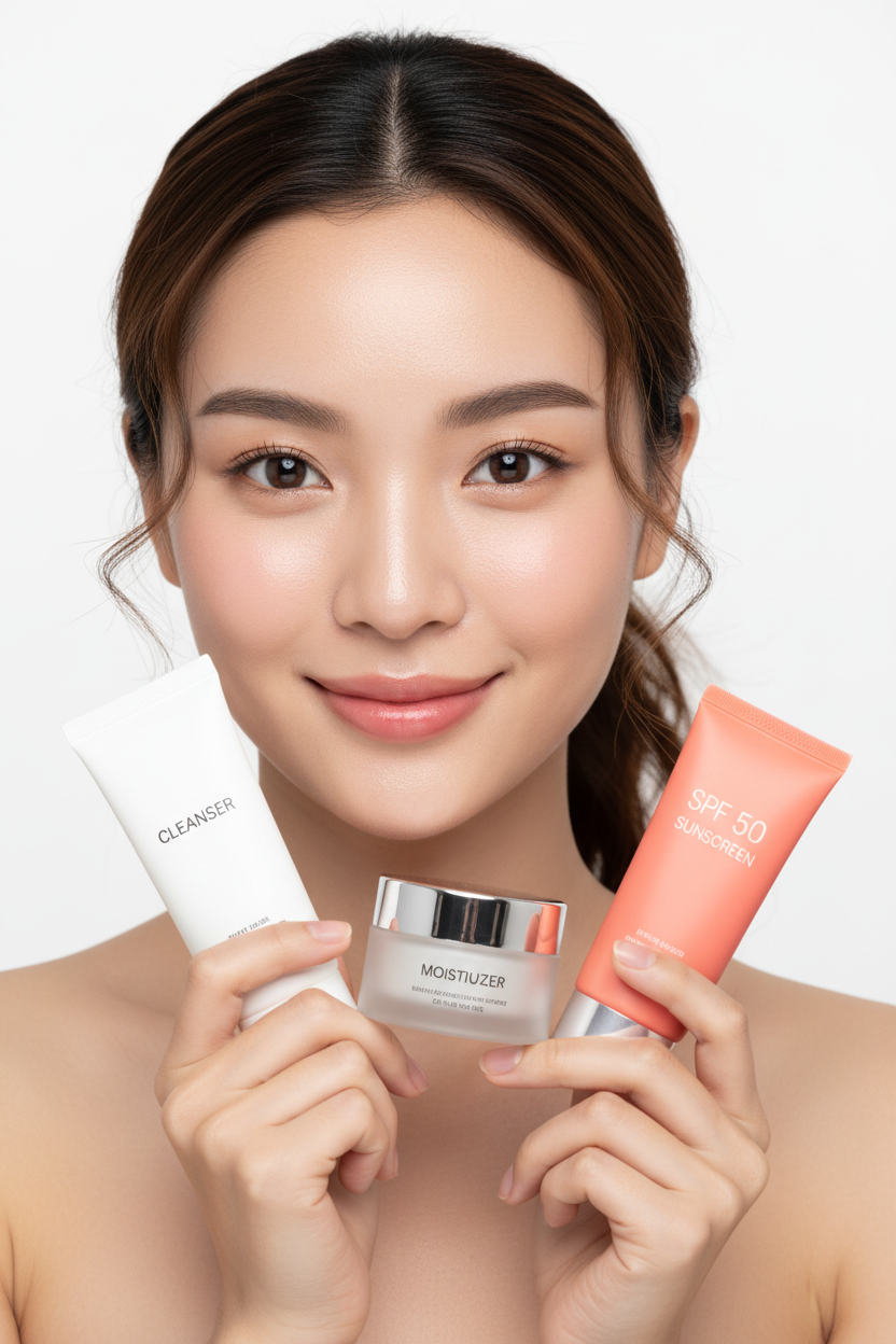 Young woman with glowing glass skin holding Korean skincare products including SPF and moisturizer