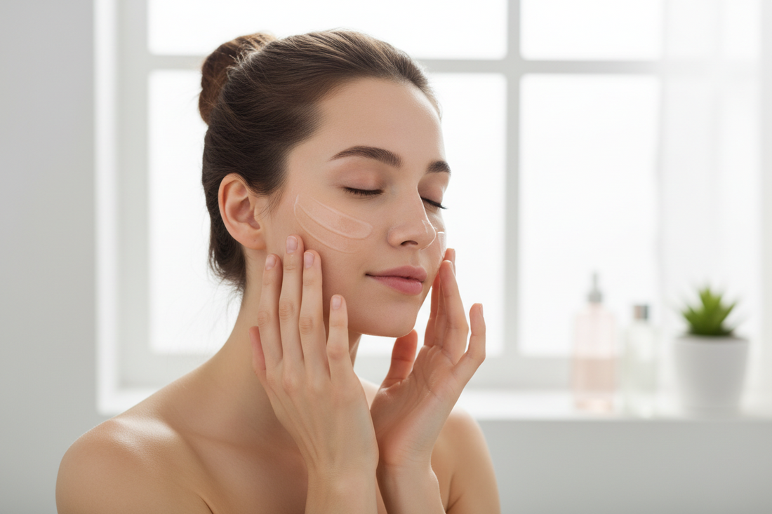 Woman applying snail mucin serum to face for acne scar healing and glass skin