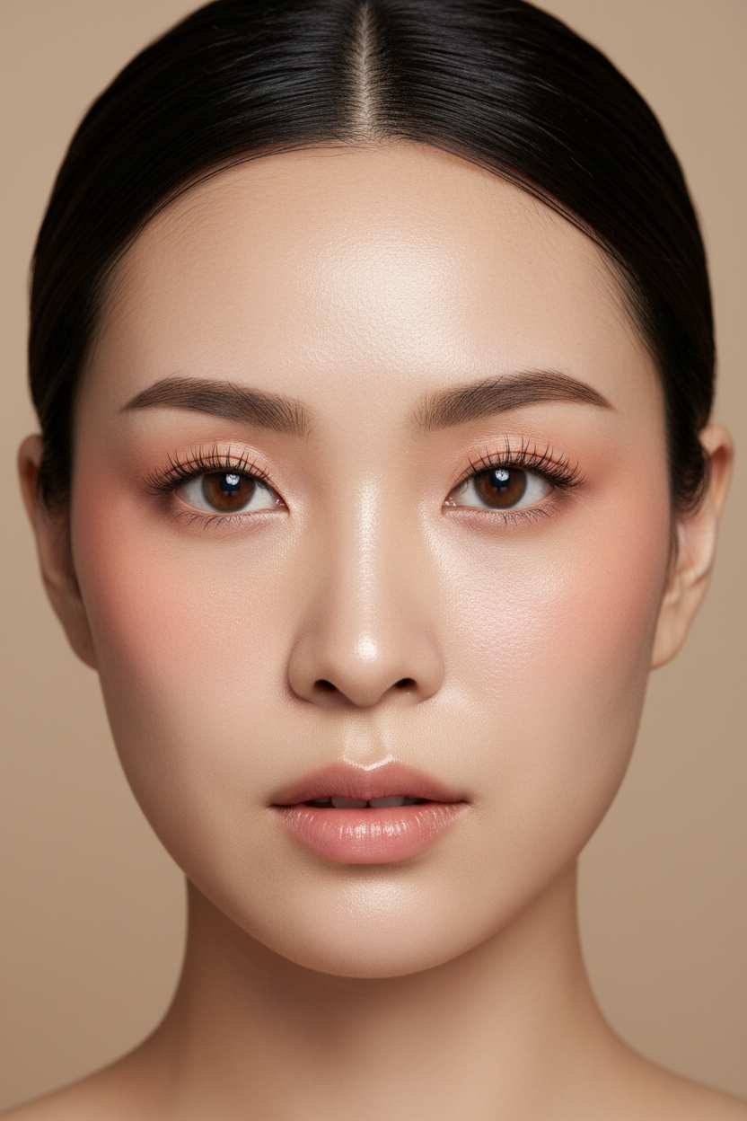 Korean woman with flawless glass skin and dewy luminous complexion looking at camera