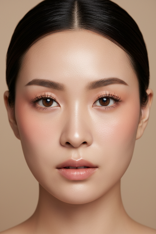 Korean woman with flawless glass skin and dewy luminous complexion looking at camera