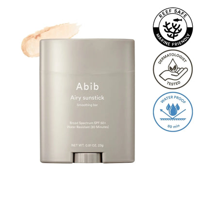 Abib Airy sunstick packaging with reef safe, dermatologist tested, and waterproof symbols on a white background.
