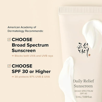 Beauty of Joseon Sunscreen product with text about choosing broad spectrum sunscreen and SPF 30 or higher