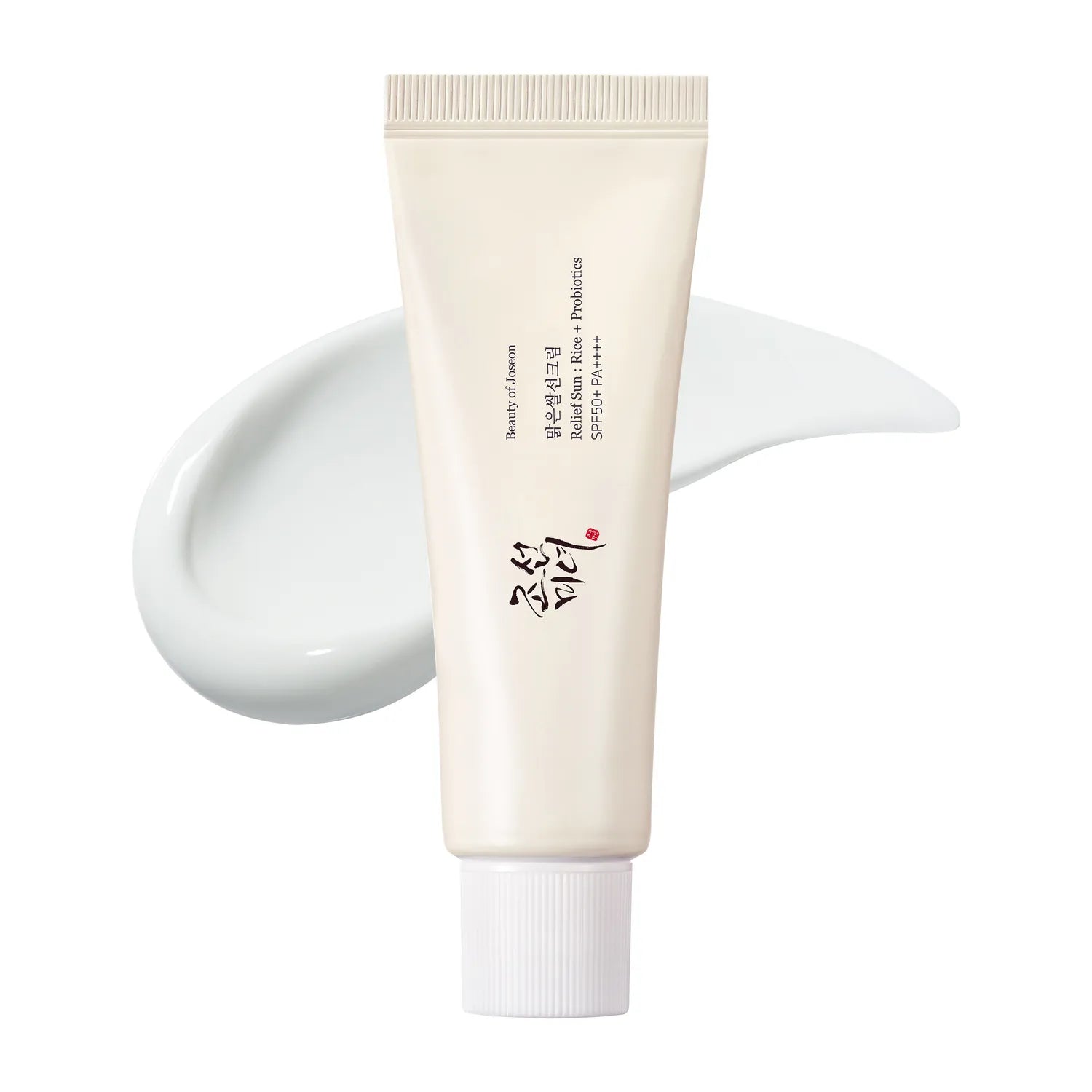 Beauty of Joseon Relief Sun Rice and Probiotics SPF50+ sunscreen 50ml tube on white background