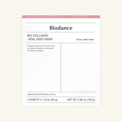 Biodance Bio Collagen Real Deep Mask packaging on a light beige background, sheet mask