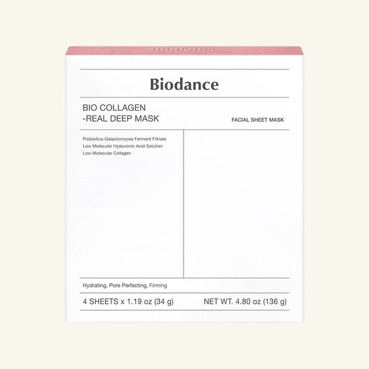 Biodance Bio Collagen Real Deep Mask packaging on a light beige background, sheet mask