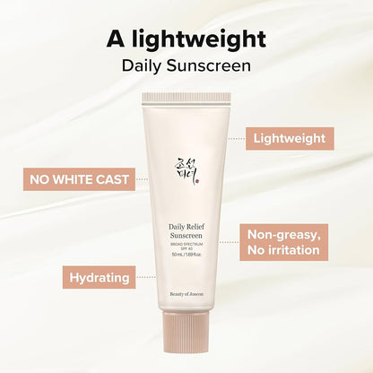 Tube of daily relief sunscreen with text highlighting features on a light background