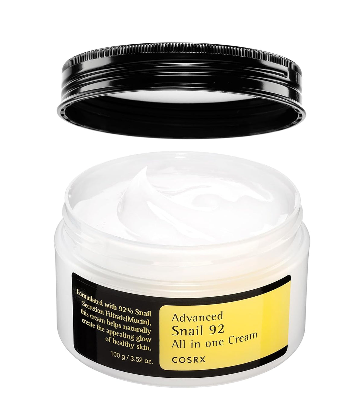 Cosrx Advanced Snail 92 All in One Cream jar with open lid on a white background