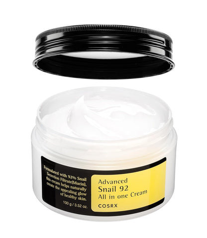 Cosrx Advanced Snail 92 All in One Cream jar with open lid on a white background