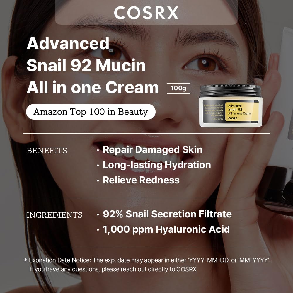 COSRX Advanced Snail 92 Mucin All in one Cream advertisement with a woman applying cream.