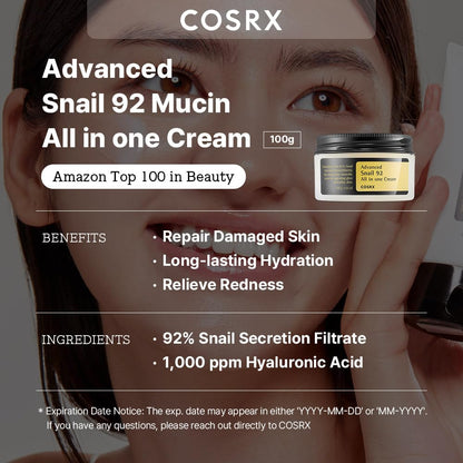 COSRX Advanced Snail 92 Mucin All in one Cream advertisement with a woman applying cream.