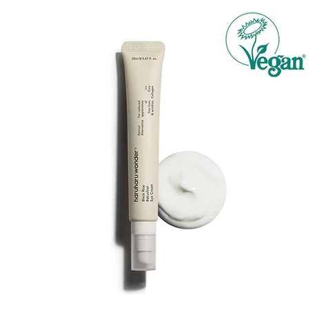 Tube of Haruharu Wonder - Black Rice Bakuchiol Eye Cream 20ml with a swatch on a white background, featuring a Vegan logo.