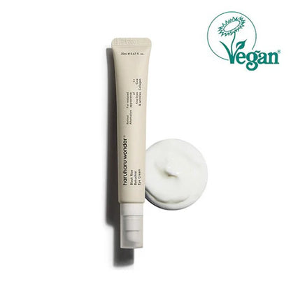 Tube of Haruharu Wonder - Black Rice Bakuchiol Eye Cream 20ml with a swatch on a white background, featuring a Vegan logo.