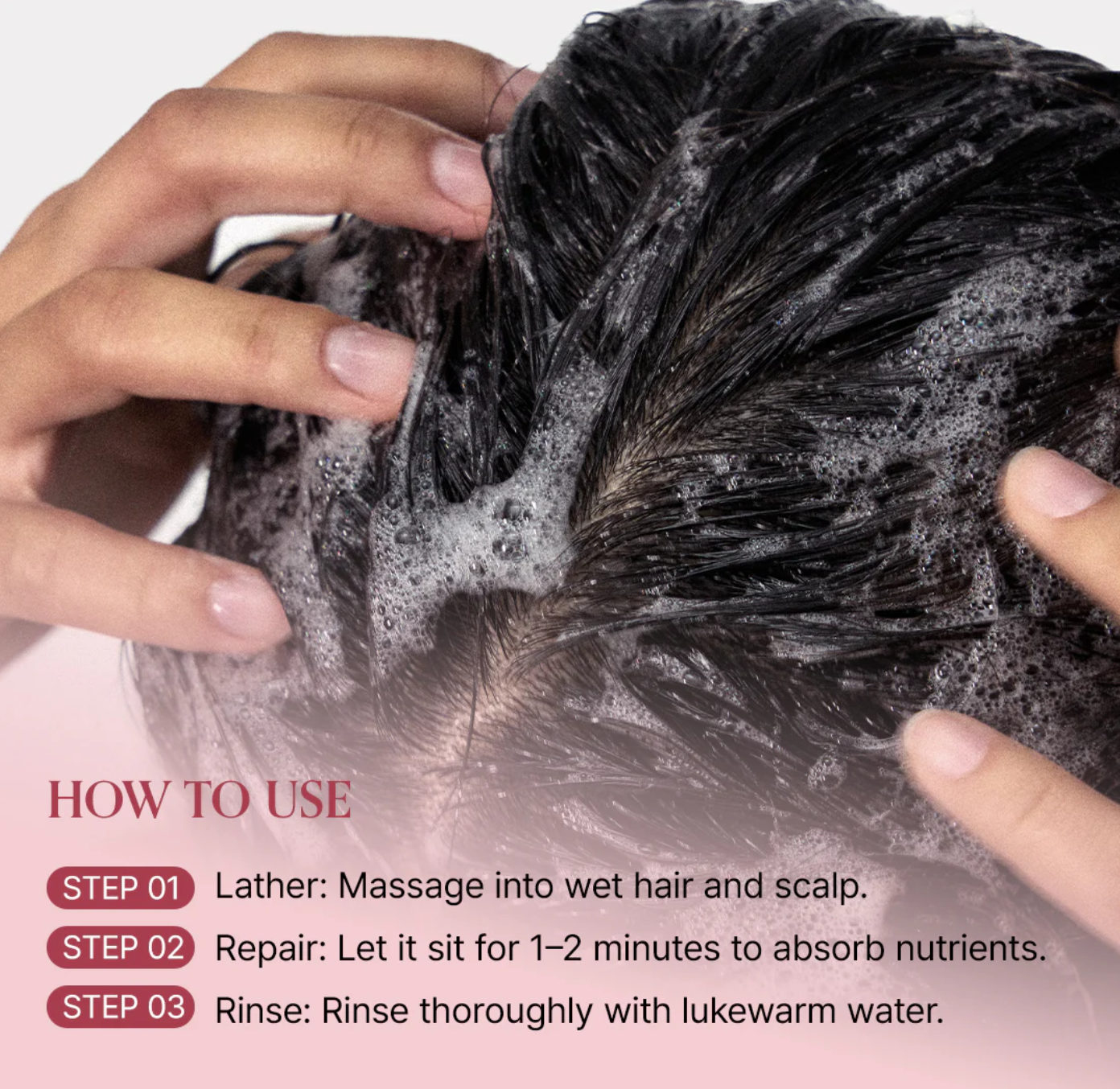 How to use GROWUS Damage Therapy Shampoo EX – lather into wet hair, let sit 1-2 minutes to absorb nutrients, then rinse with lukewarm water