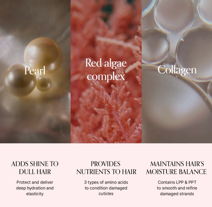 GROWUS Damage Therapy Shampoo EX key ingredients – Marine Pearl, Red Algae Complex and Collagen to add shine, provide nutrients and maintain moisture balance in damaged hair