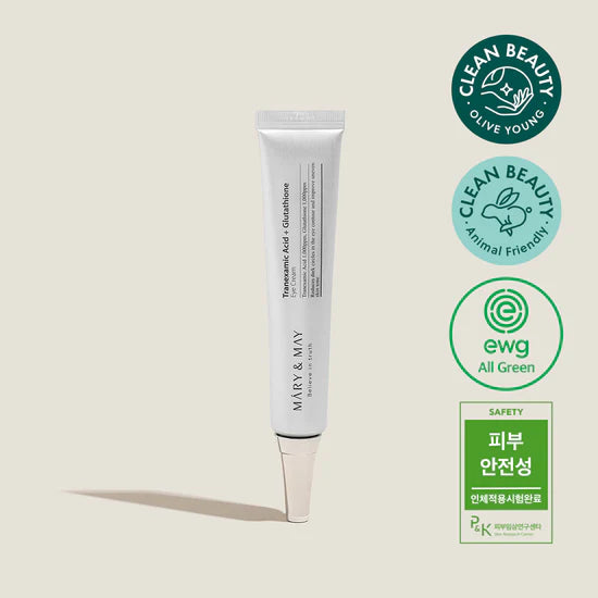 Cosmetic tube with 'Marx & May' Tranexamic Acid + Glutathione Eye Cream 30ml  branding on a beige background with certification logos of clean beauty