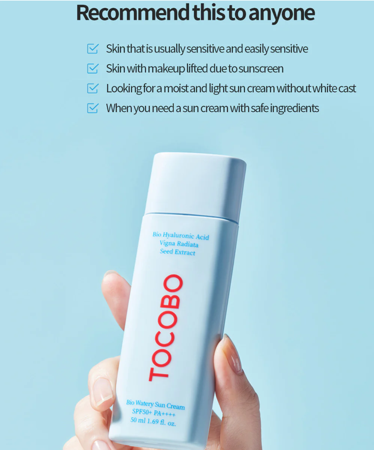 Bio Watery Sun Cream SPF50+ Pa++++ is recommended to everyone