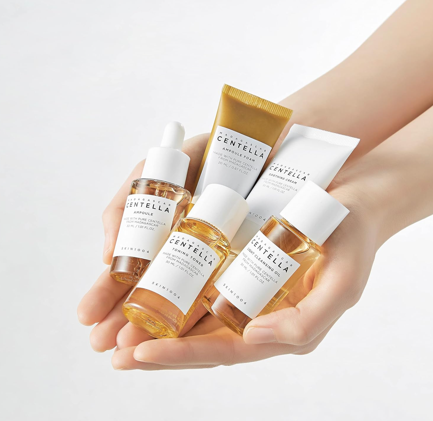 SKIN1004's signature ampoule, toner, ampoule foam, cleansing oil, soothing cream