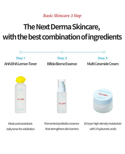 3-step basic skincare - tone, Bifida Biome Essence, ceramide cream
