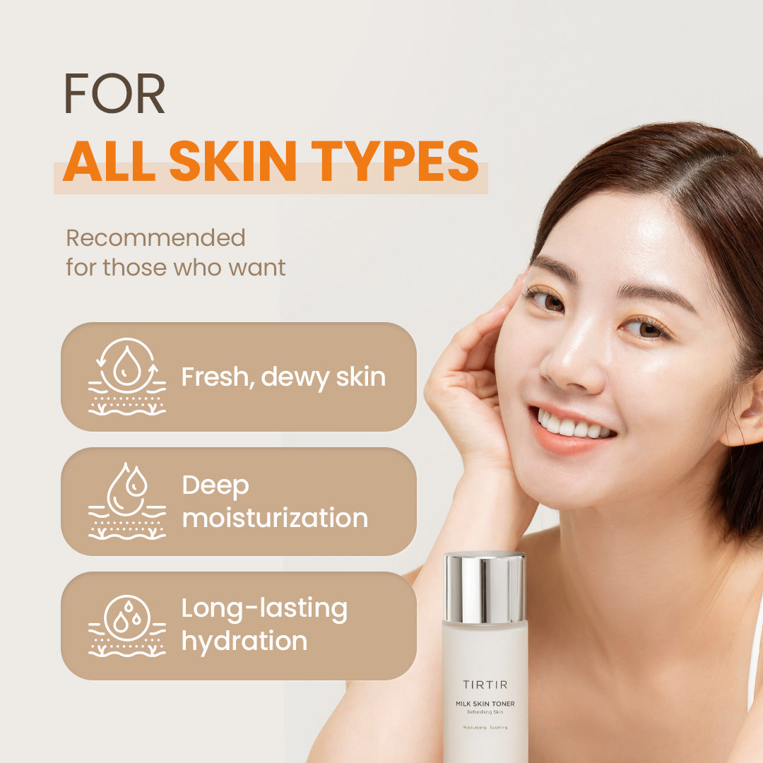 TIRTIR - Milk Skin Toner 150ml Woman with a skincare product and text about skin types on a light background all skin types