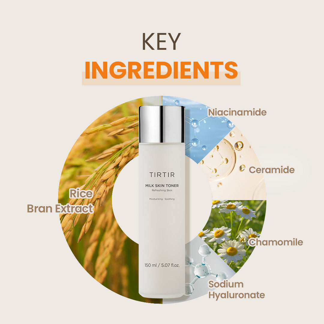 TIRTIR milk skin toner with key ingredients labeled on a beige background