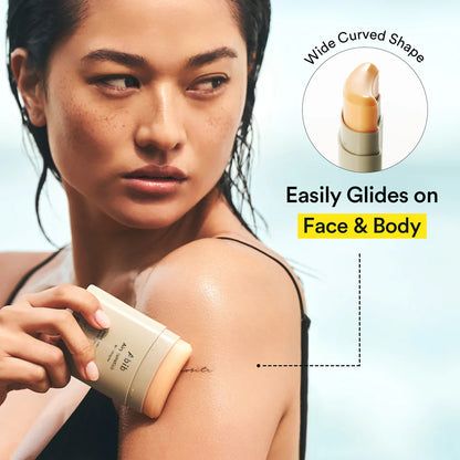 Woman applying a cosmetic product on her shoulder with text highlighting features