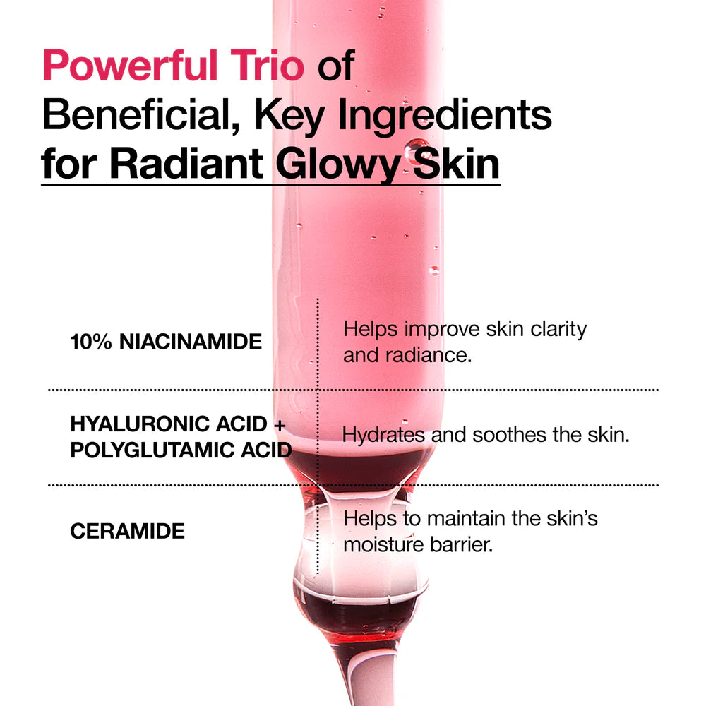 Skincare product with text detailing key ingredients for radiant skin on a white background