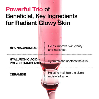 Skincare product with text detailing key ingredients for radiant skin on a white background