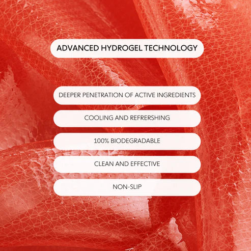 Red textured background with text highlighting advanced hydrogel technology features.