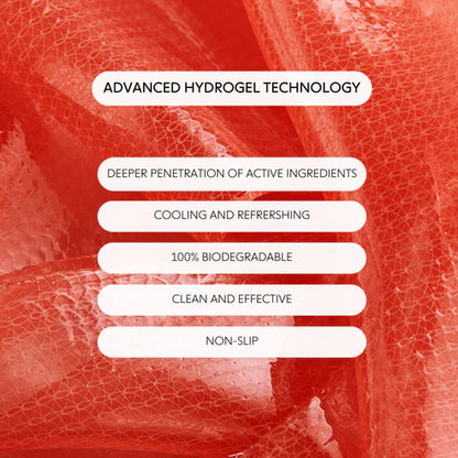 Red textured background with text highlighting advanced hydrogel technology features.