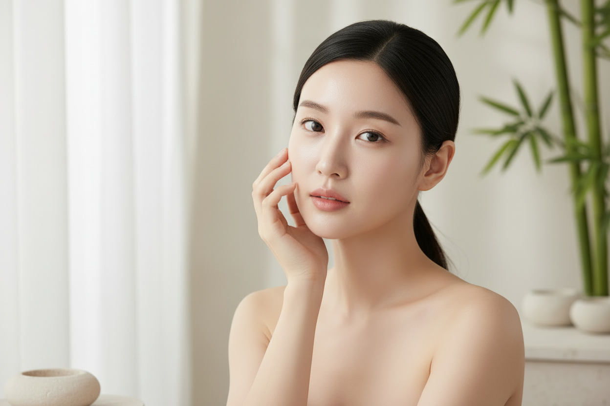Model applying Medicube PDRN Pink Exosome Shot Serum 7500 – Korean at-home micro-needling serum for smoother, firmer skin
