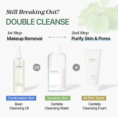 Skincare product lineup for double cleanse with labels for different skin types.