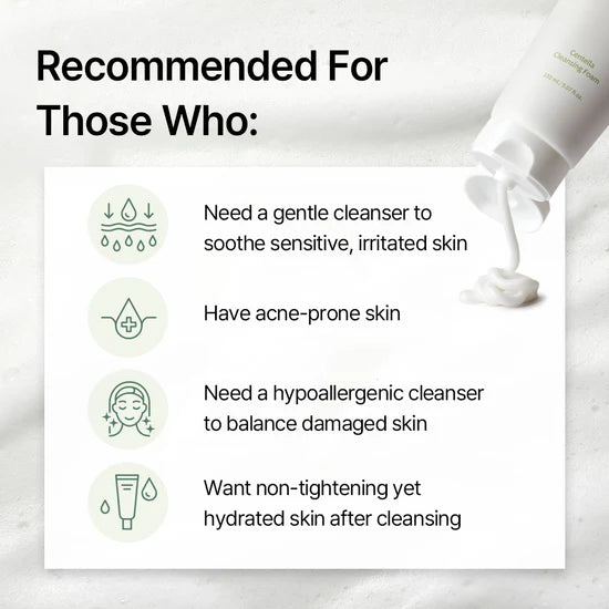 Product packaging with text indicating uses for a gentle cleanser.