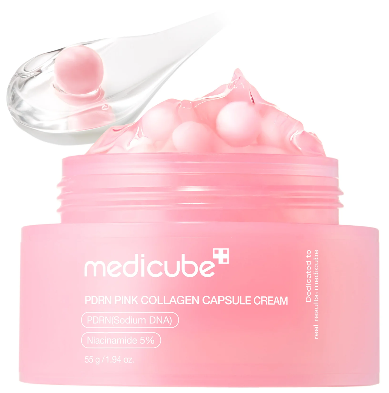 Medicube PDRN Pink Collagen Capsule Cream 55g – open jar showing dual-texture capsule formula with serum swipe, Korean firming moisturiser with Salmon DNA and Niacinamide 5%