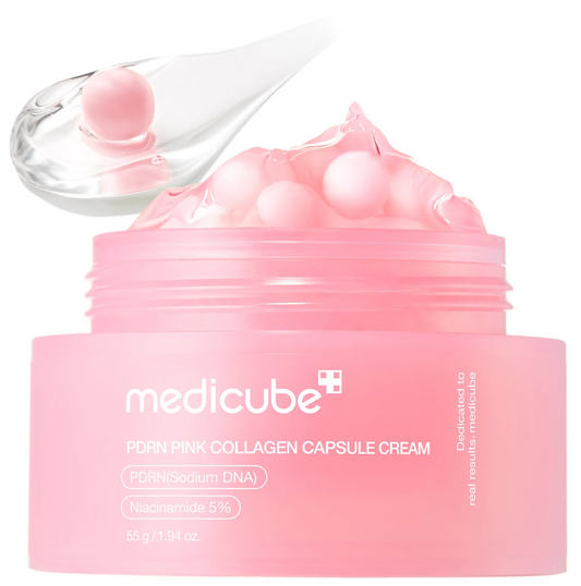 Medicube PDRN Pink Collagen Capsule Cream 55g – open jar showing dual-texture capsule formula with serum swipe, Korean firming moisturiser with Salmon DNA and Niacinamide 5%
