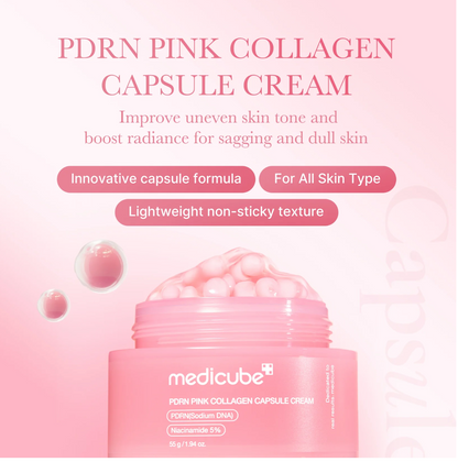 Medicube PDRN Pink Collagen Capsule Cream – innovative capsule formula for all skin types, lightweight non-sticky texture to improve uneven skin tone and boost radiance