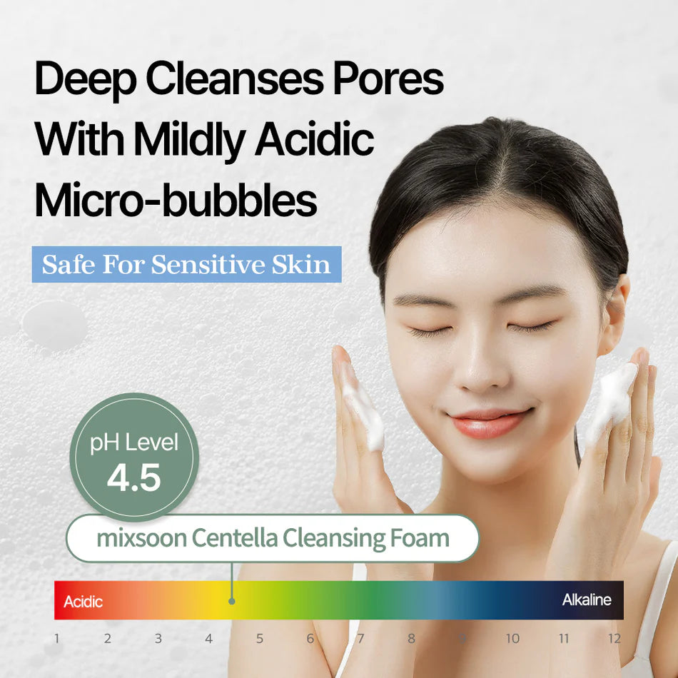 Advertisement for mixsoon Centella Cleansing Foam with a woman applying the product to her face.