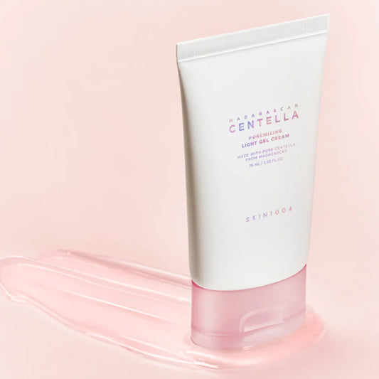 skin1004 poremizing light gel cream Skincare tube labeled 'Exinour' on a pink background