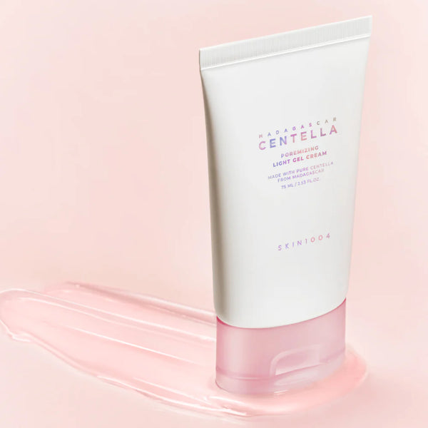 skin1004 poremizing light gel cream Skincare tube labeled 'Exinour' on a pink background