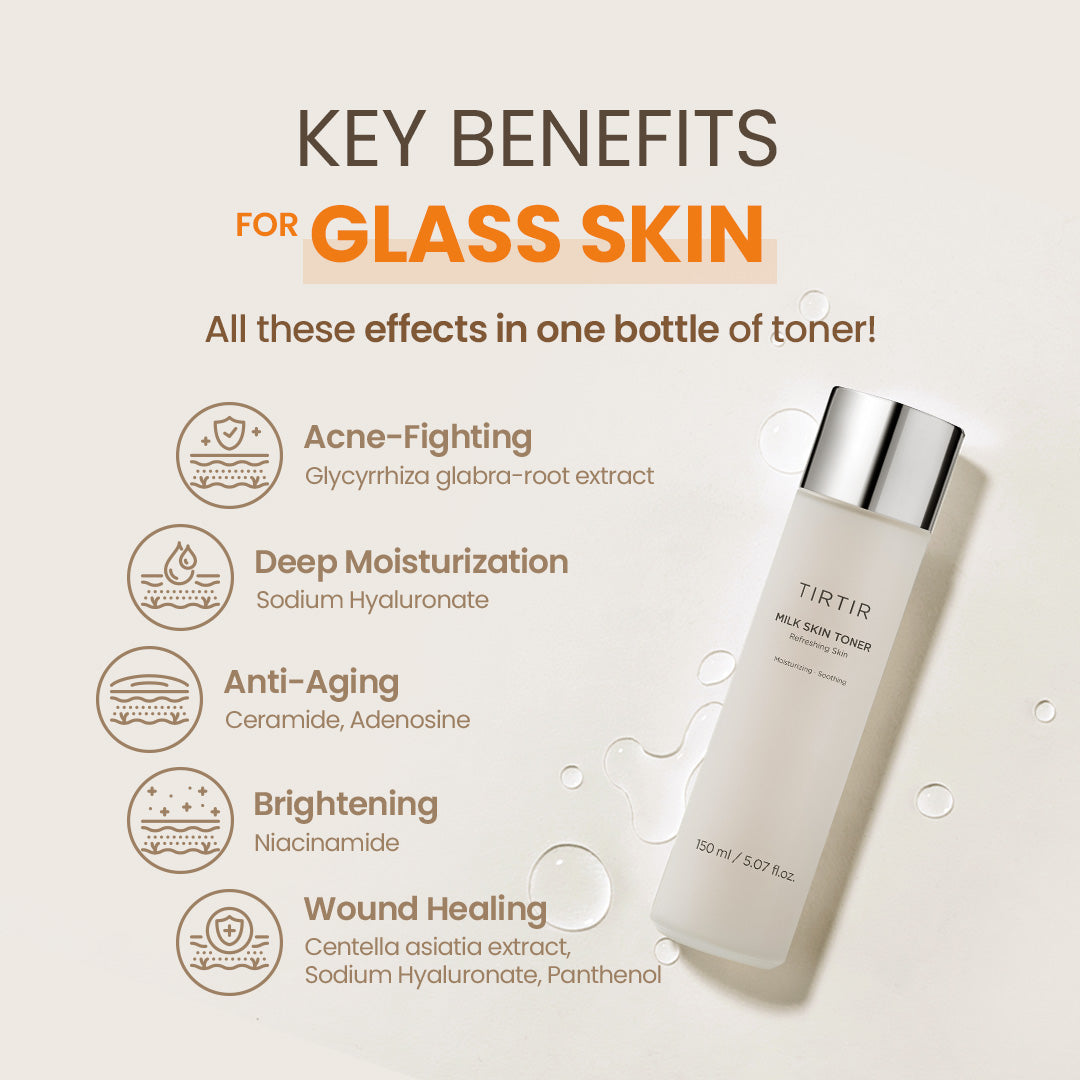 tirtirl Toner bottle with key benefits for glass skin on a beige background deep moisturizing, anti-aging, niacinamide
