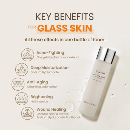 tirtirl Toner bottle with key benefits for glass skin on a beige background deep moisturizing, anti-aging, niacinamide